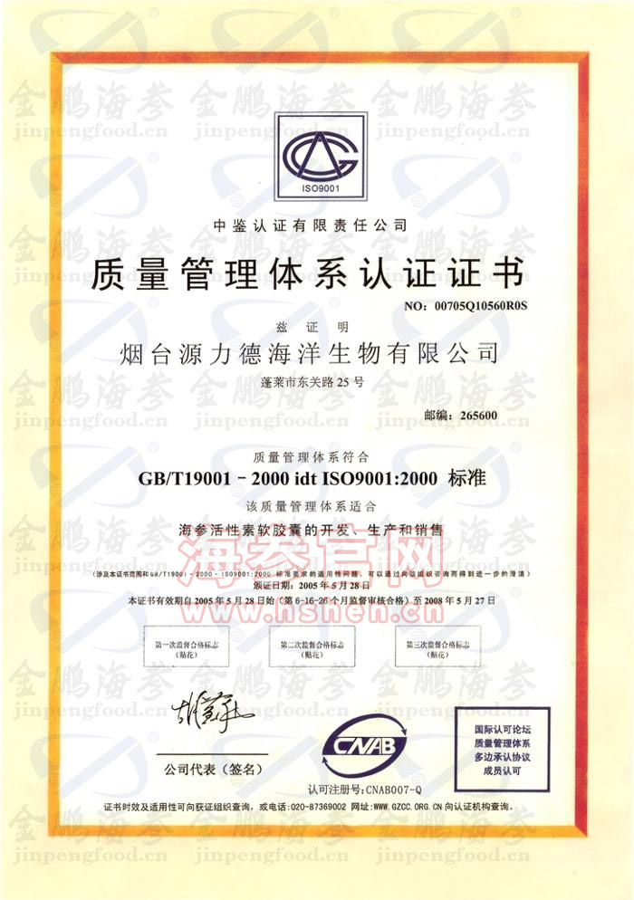 金鹏海参的ISO9001质量管理体系认证证书